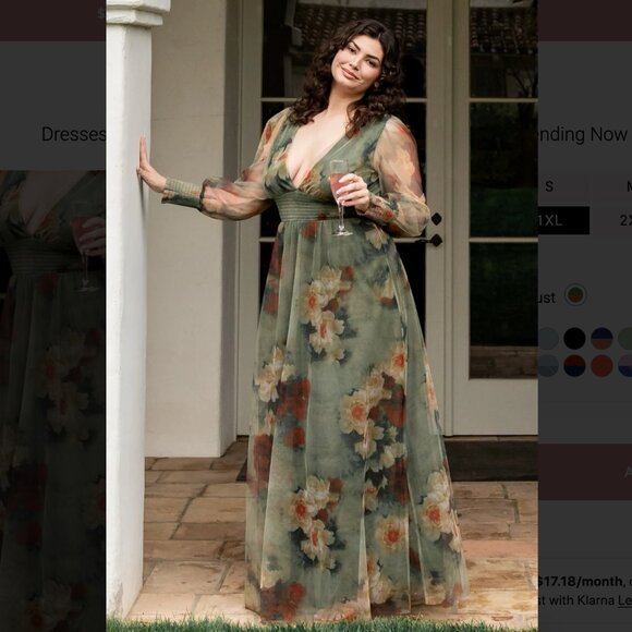 Baltic Born Green Layla Long Sleeve Tulle Maxi Dress V Neck Fall Floral 1XL - Picture 6 of 15